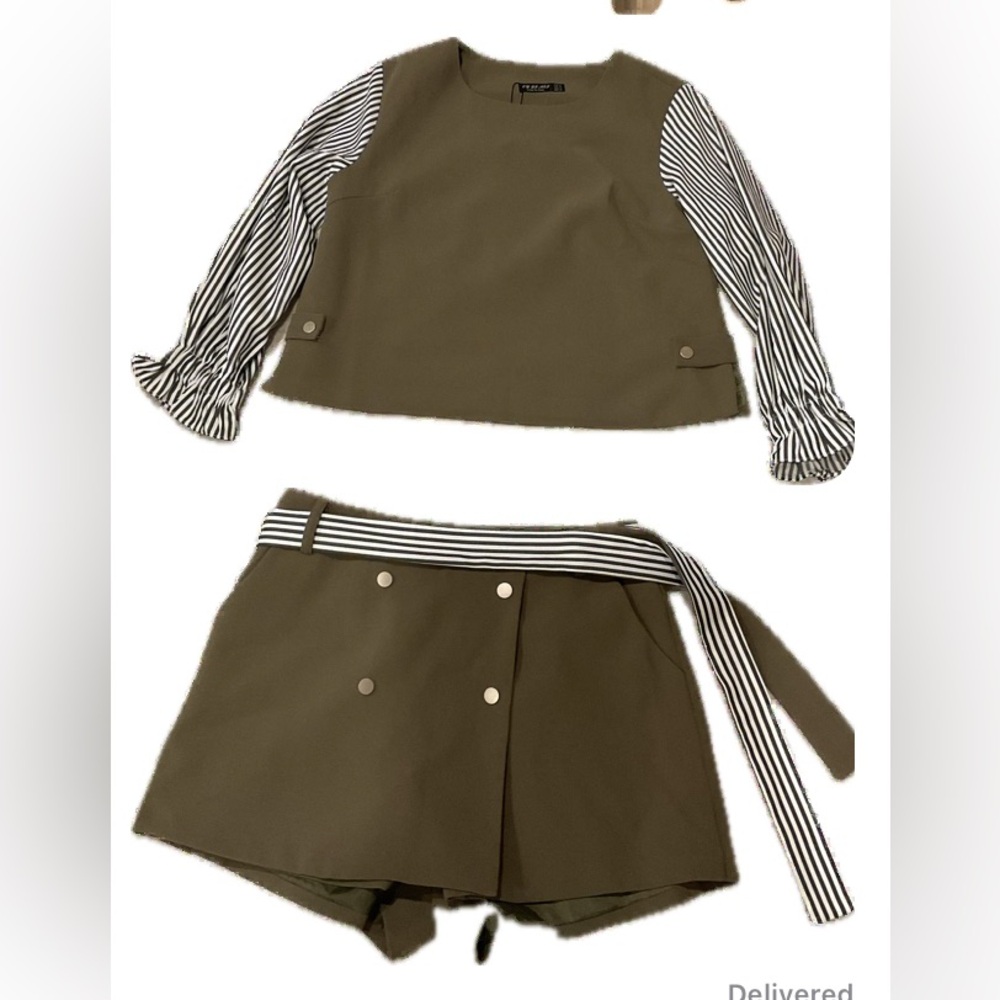 Olive Green Two-Piece Set with Striped Details